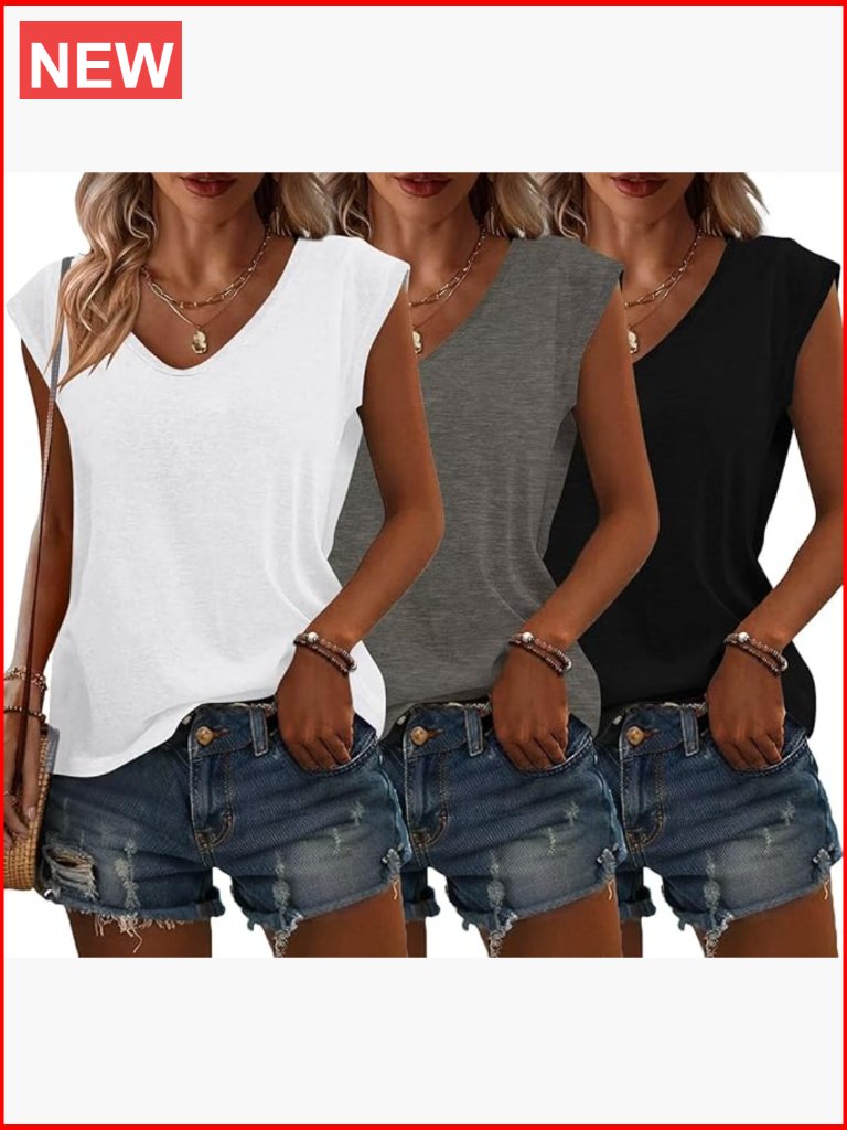 3 Pack Cap Sleeve V Neck Tops Summer Blouse Tee Shirts